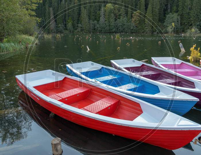 Red Lake, Eastern Carpathians/Romania - September 19 : Rowing Boats Moored At The Red Lake In The Eastern Carpathians Romania On September 19, 2018