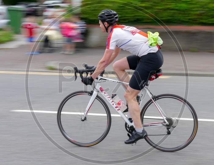 Cyclist Participating In The Velothon Cycling Event In Cardiff