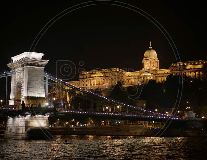 Chain Bridge Illuminated At Night In Budapest
