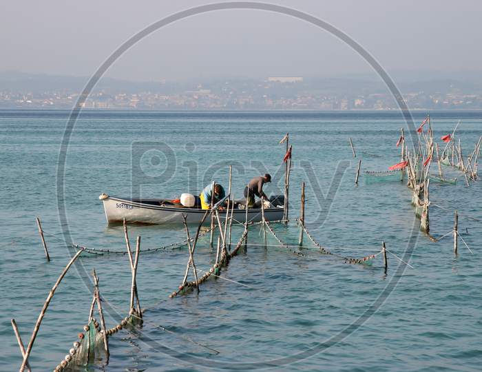 Fishermen Checking Their Nets At Lake Garda