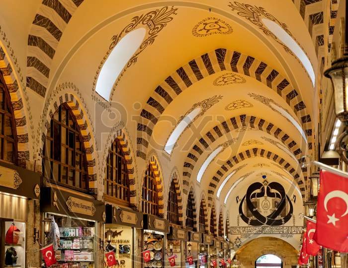 Istanbul, Turkey - May 25 : Ornate Ceiling Of The Spice Bazaar In Istanbul Turkey On May 25, 2018