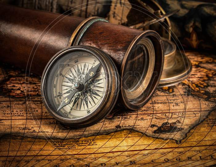 Old Vintage Compass On Ancient Map