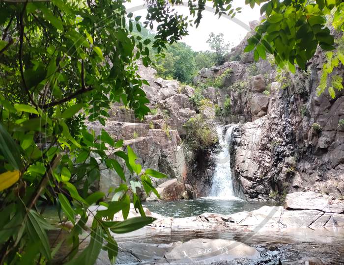 Beautiful Small Branch Water Fall With Nature Swimming Pool On Andhra Pradesh Mountain. Sadasiva Kona Water Falls, Tada Falls, Nagalapuram Water Falls.