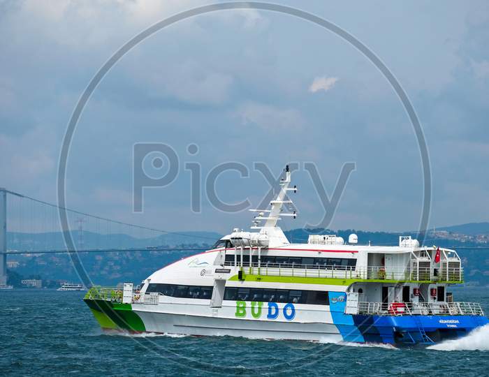 Istanbul, Turkey - May 26 : Boat Cruising Up The Bosphorus In Istanbul Turkey On May 26, 2018 Turkey On May 24, 2018