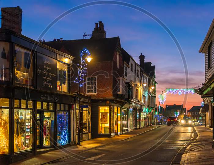 East Grinstead, West Sussex/Uk - January 4  : View Of The Town Centre At Night In East Grinstead On January 4, 2019