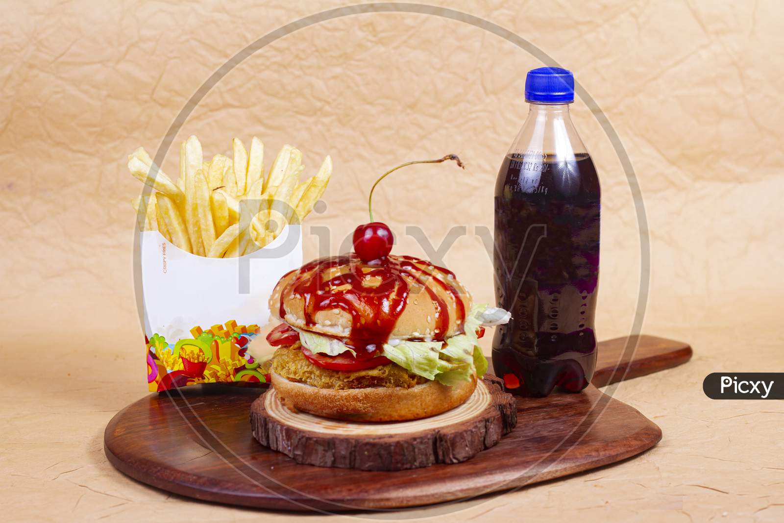 Juicy American Burger, Hamburger Or Cheeseburger With One Chicken Patties, With Sauce French Fries And Cold Drink. Concept Of American Fast Food. Copy Space