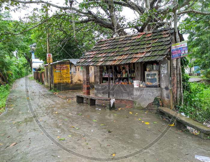 Village Tea Shop In The Rainy Season, West Bengal, India