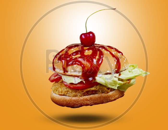 Juicy American Flying Burger, Hamburger Or Cheeseburger With One Chicken Patties, With Sauce. Concept Of American Fast Food. Copy Space
