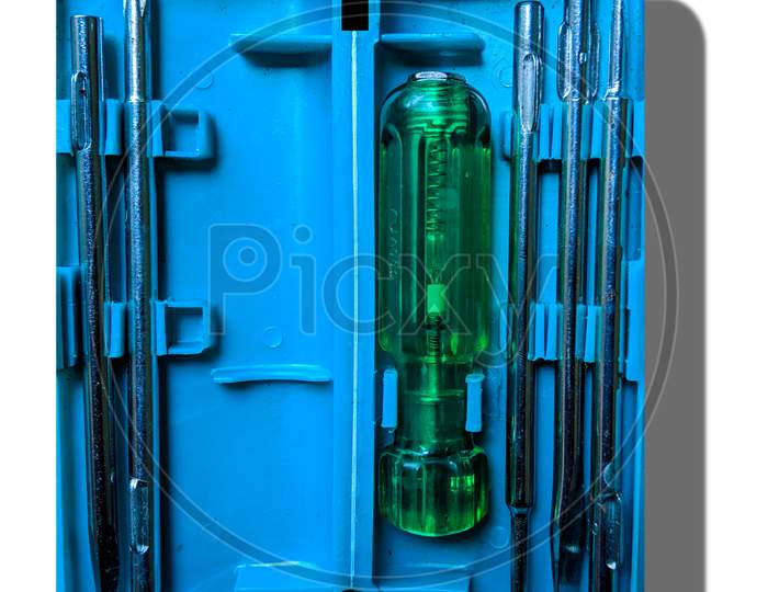 Set of screwdrivers in a blue box isolated on white background