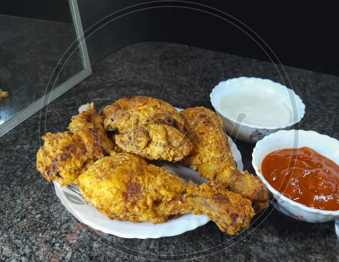 Fried Chicken With Sauce Or Ketchup And Mayonnaise