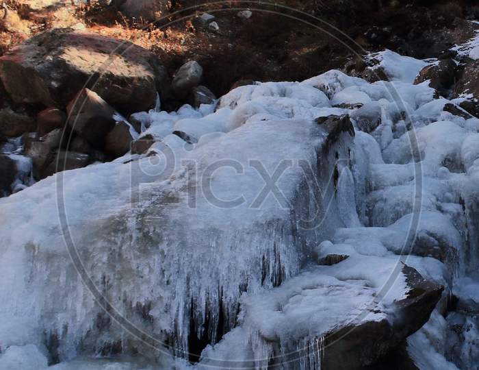 frozen waterfalls near tawang hill station in arunachal pradesh, north east india
