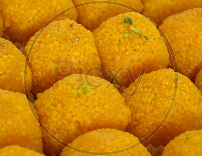 Closeup Of Indian Traditional Sweet Motichoor Laddu