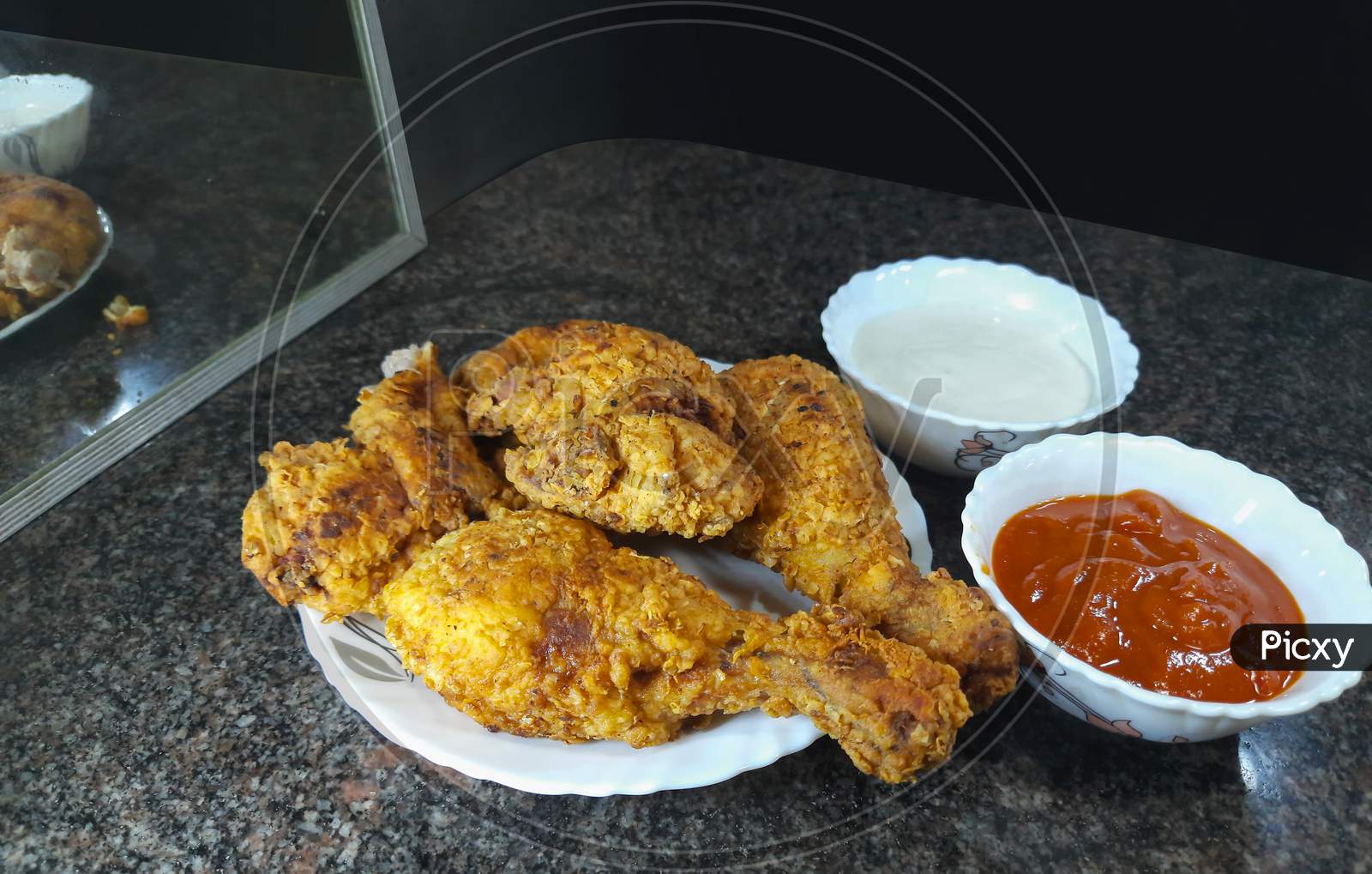 Fried Chicken With Sauce Or Ketchup And Mayonnaise
