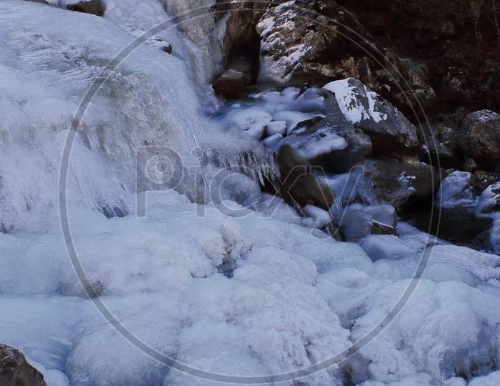 frozen waterfalls near tawang hill station in arunachal pradesh, north east india