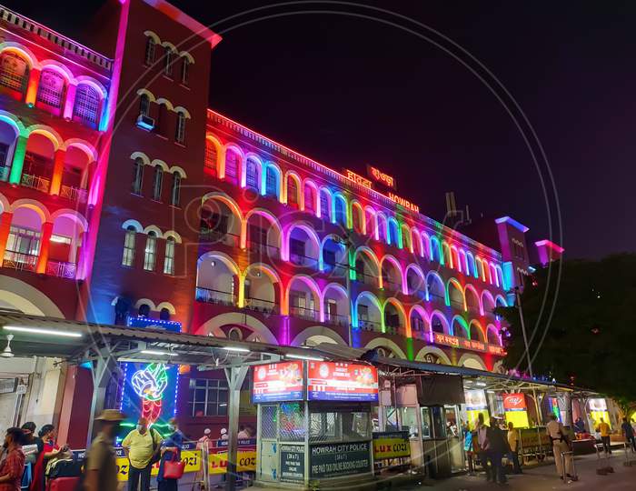 A night shot of colorful hawrah station in kolkata, India.