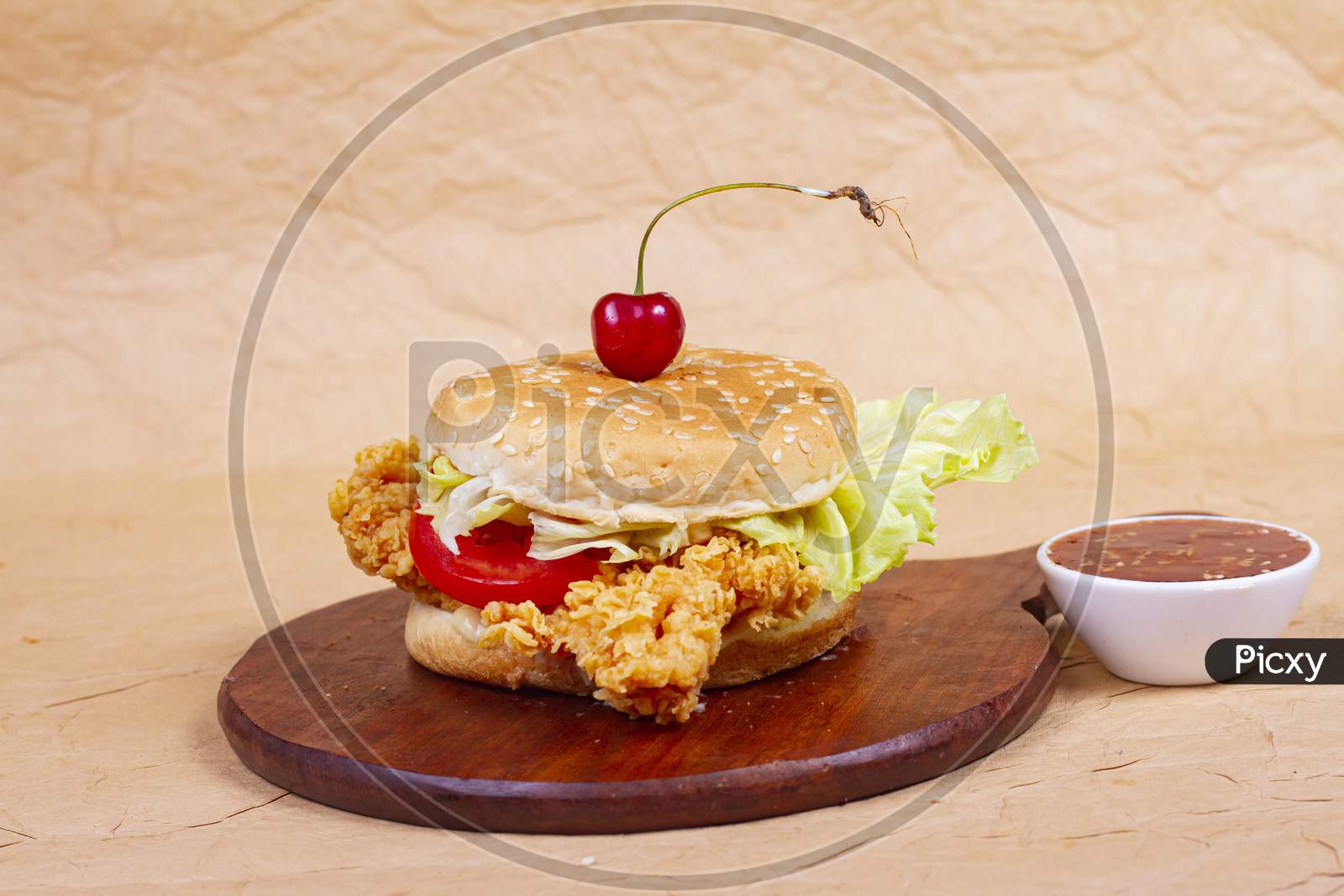 Juicy Fish Burger, Hamburger Or Cheeseburger With One Fish Patties, With Sauce. Concept Of American Fast Food. Copy Space