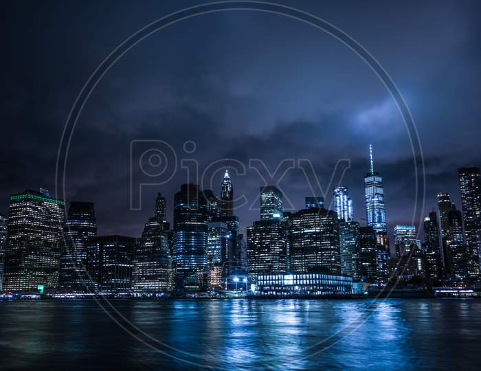 Night View Of New York Manhattan Seen From Brooklyn