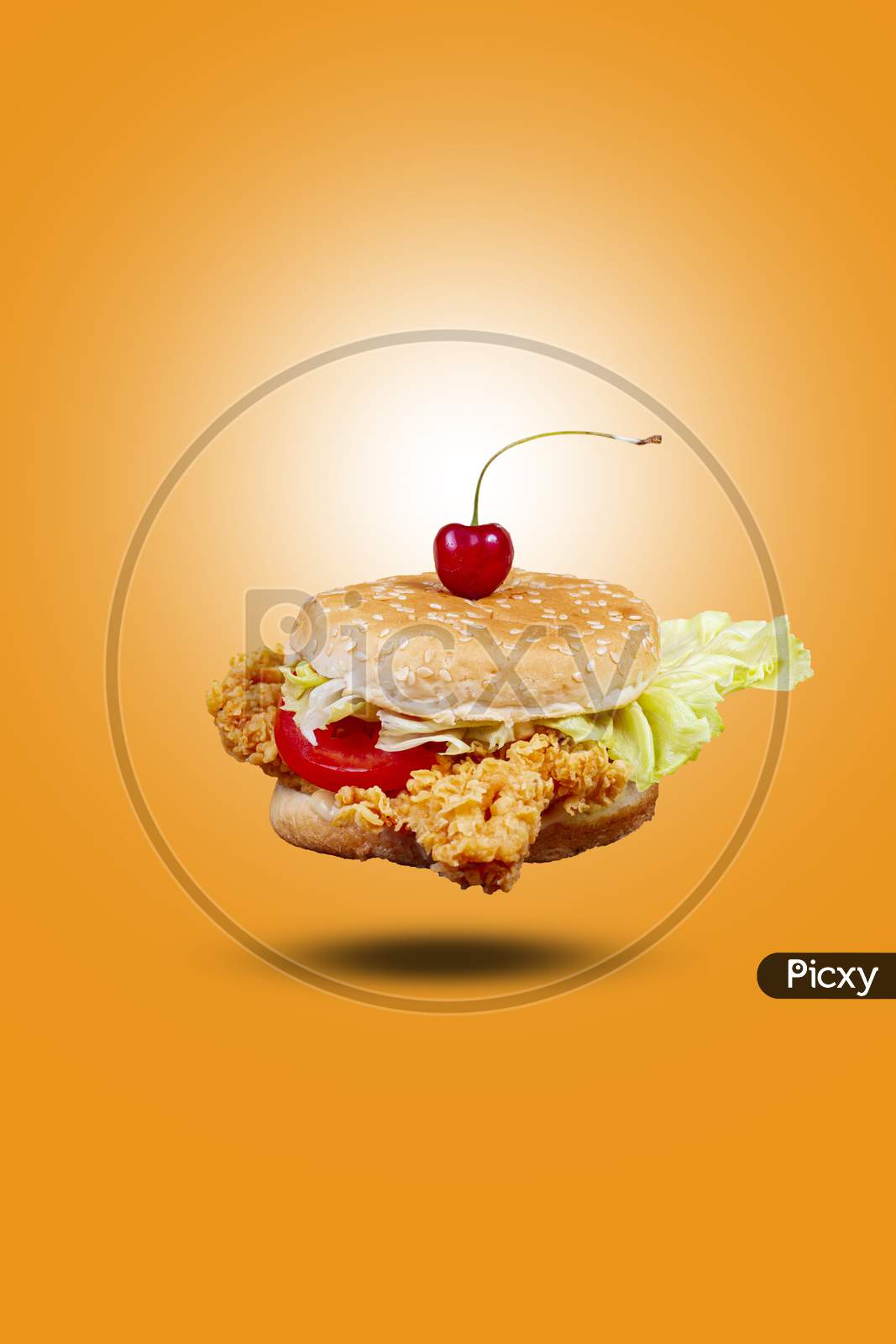 Juicy Flying Fish Burger, Hamburger Or Cheeseburger With One Fish Patties. Concept Of American Fast Food. Copy Space