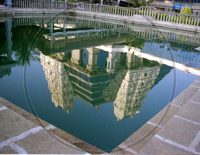 Reflection Of Iskcon Temple Tower