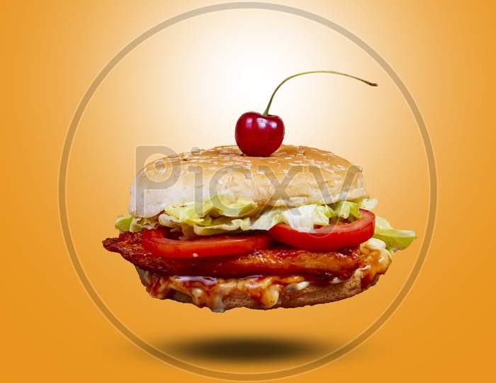 Juicy Chicken Grill Flying Burger, Hamburger Or Cheeseburger With One Chicken Patties. Concept Of American Fast Food. Copy Space