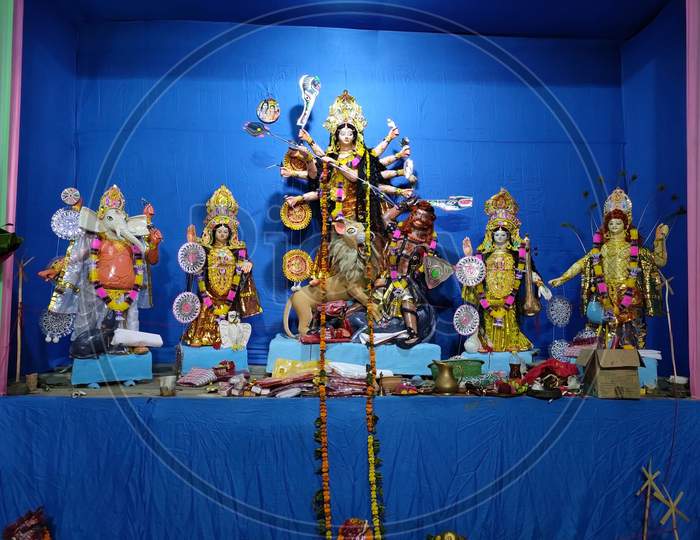 Goddess Durga Idol In The Pandal. The Biggest Festival Of West Bengal.