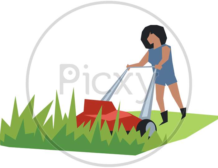 Woman Using Lawn Mower Illustration