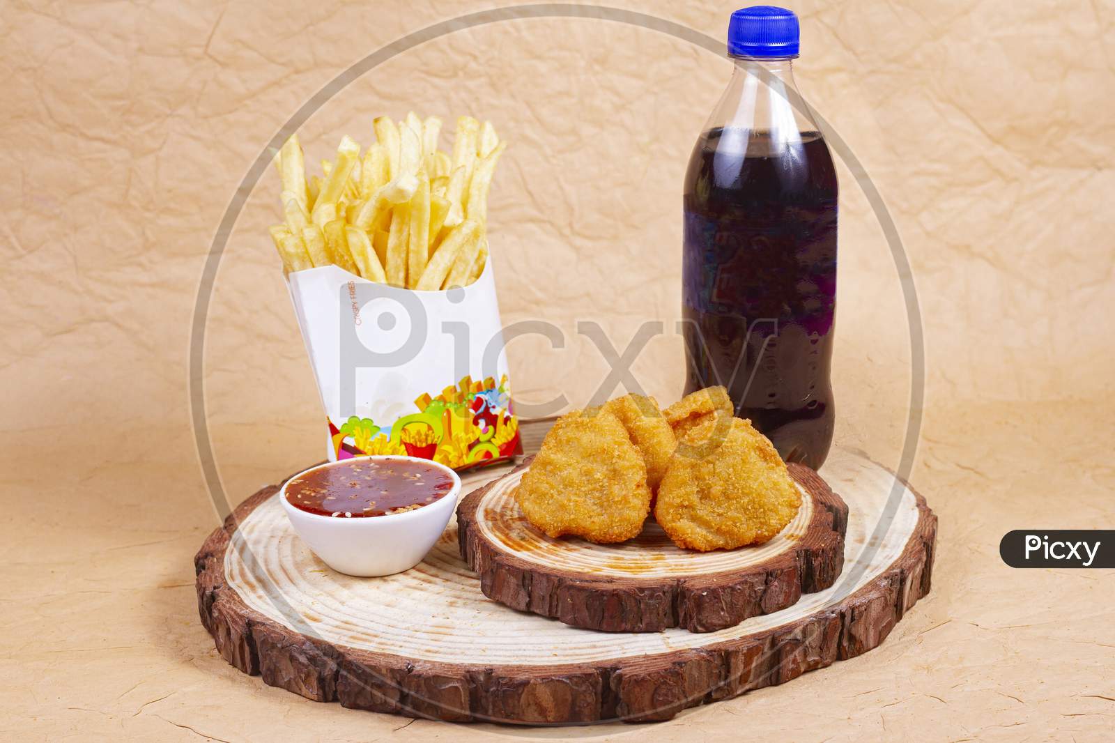 Chicken Nuggets With Cold Drink,Fries And Ketchup On A Wooden Board, Close-Up
