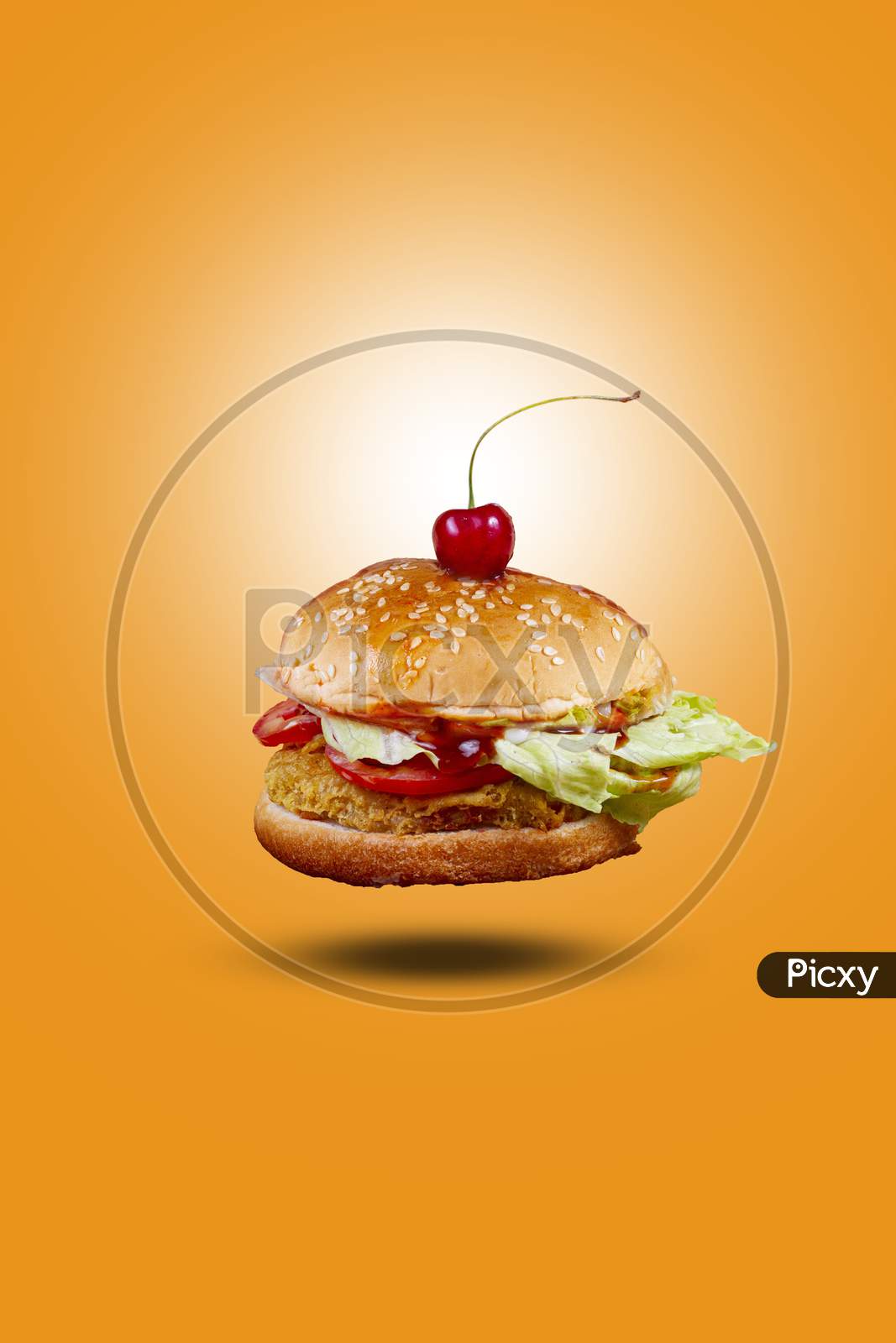 Juicy Mexican Flying Burger, Hamburger Or Cheeseburger With One Chicken Patties, With Sauce. Concept Of Mexican Fast Food. Copy Space