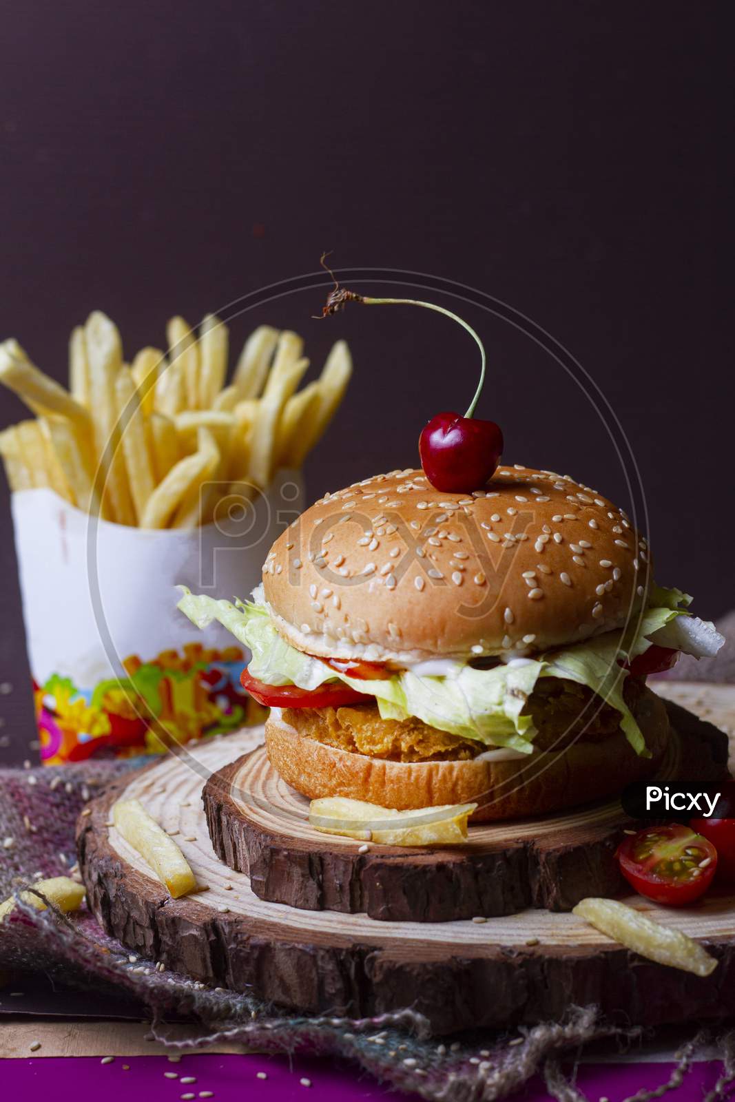 Juicy Mexican Burger, Hamburger Or Cheeseburger With One Chicken Patties, With Sauce,French Fries And Cold Drink. Concept Of Mexican Fast Food. Copy Space