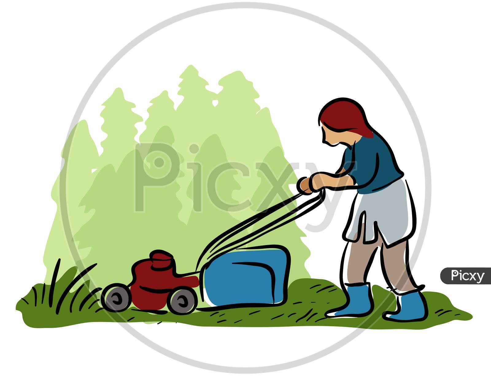 Woman Cutting Grass With Lawn Mower