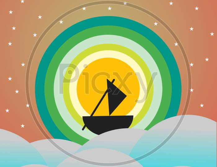 Vector illustration of a boat on sea wave glittering star at the night sky