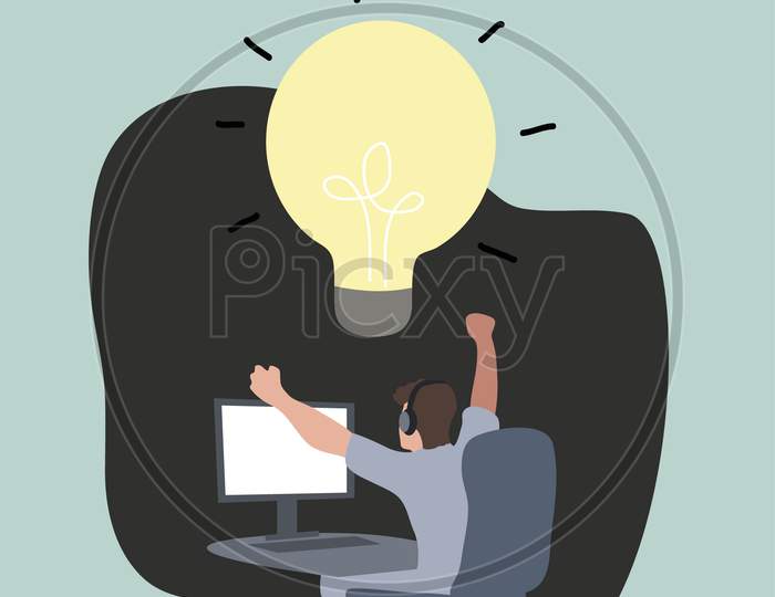 Creative Man With Big Idea Bulb