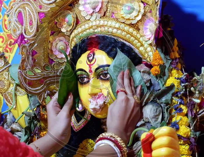 Hindu Rituals Of Debi Boron Or Saying Good Bye To Goddess Durga Are Done By Indian Women.