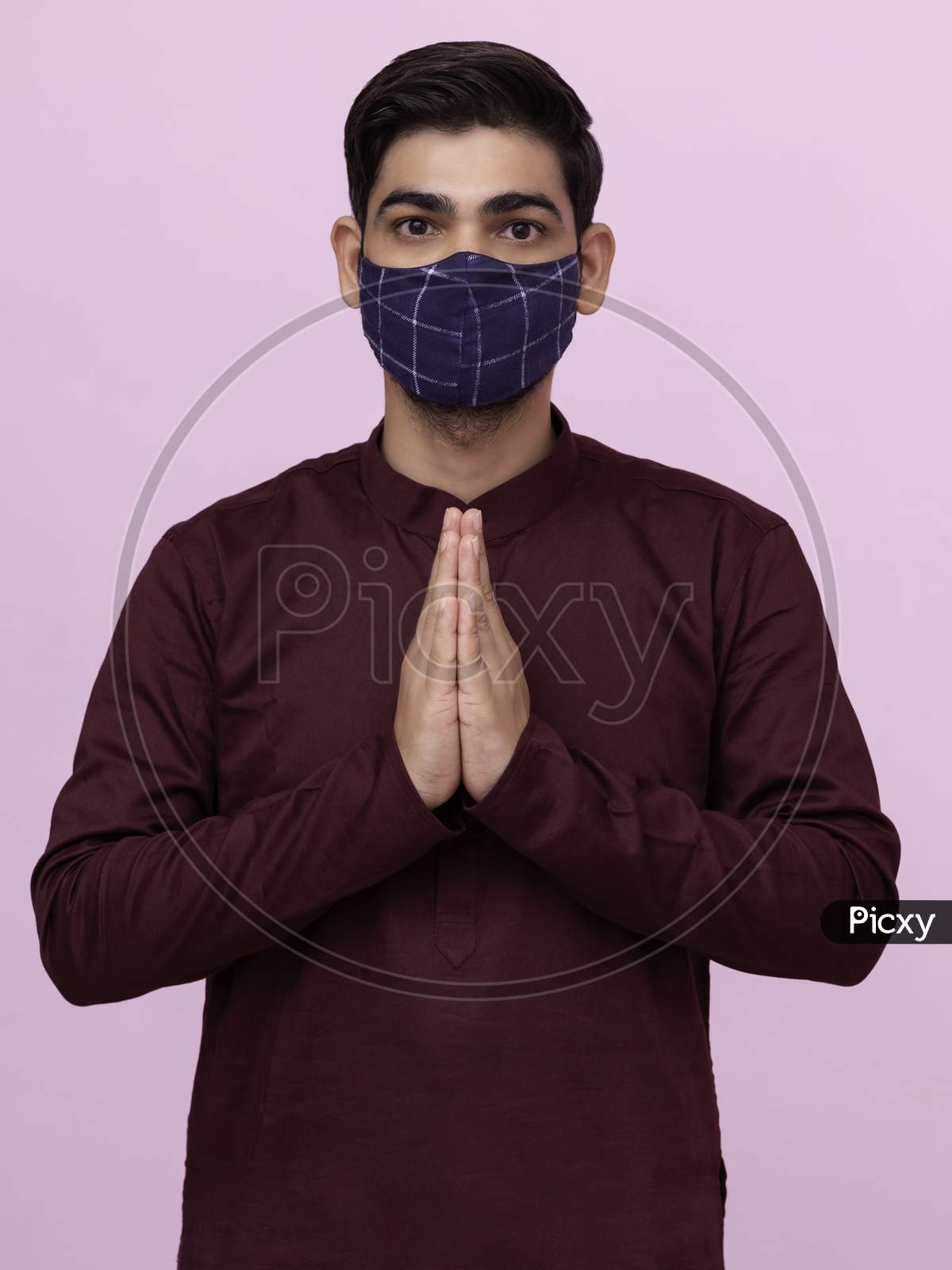 Indian Man Namaste Gesture With Mask.