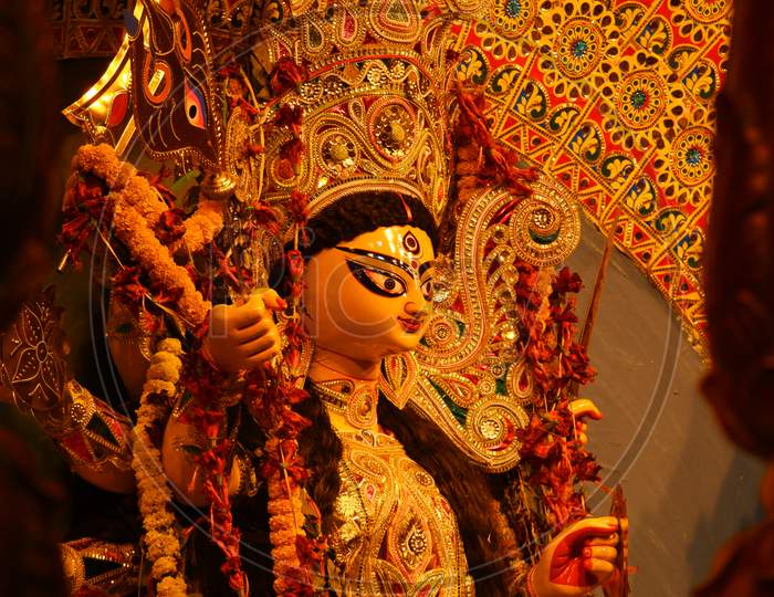Image Of Goddess Maa Durga From Side Angle.