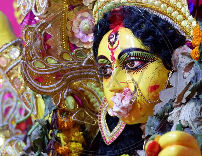 Hindu Rituals Of Debi Boron Or Saying Good Bye To Goddess Durga Are Done By Indian Women.