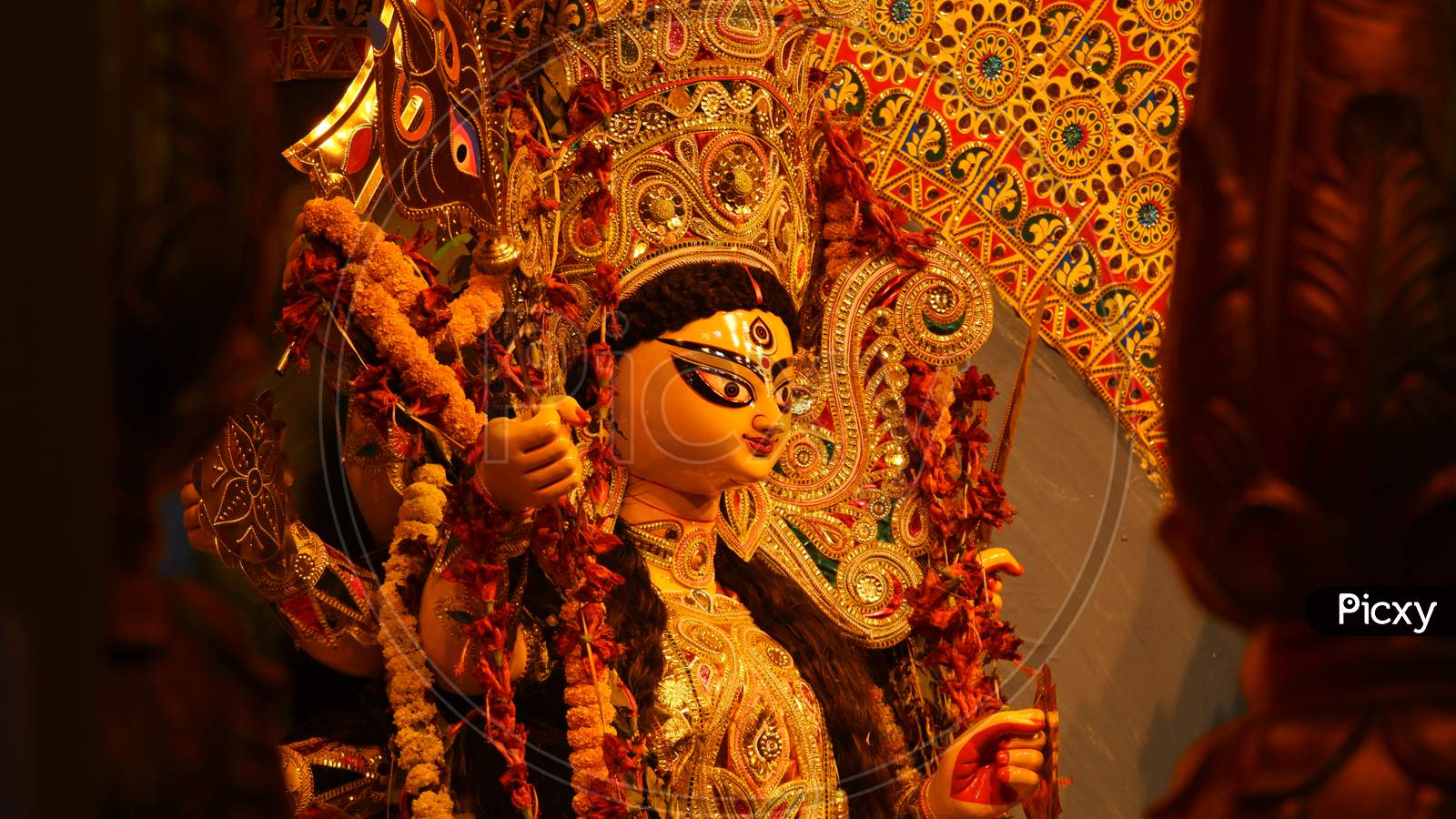 Image Of Goddess Maa Durga From Side Angle.