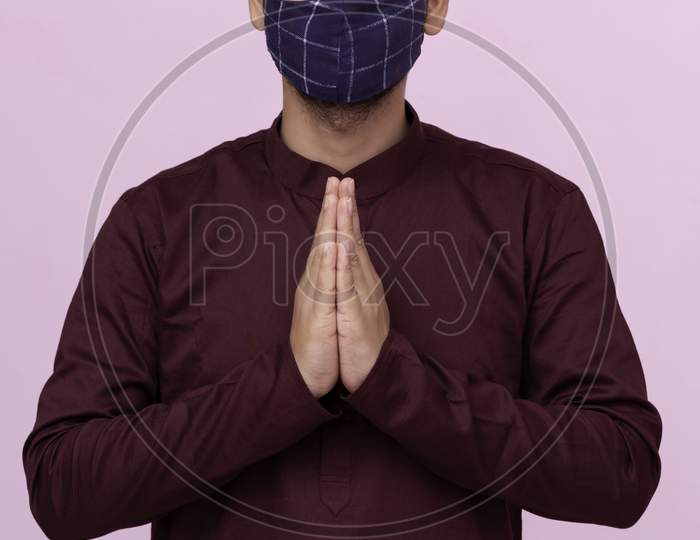 Indian Man Namaste Gesture With Mask.