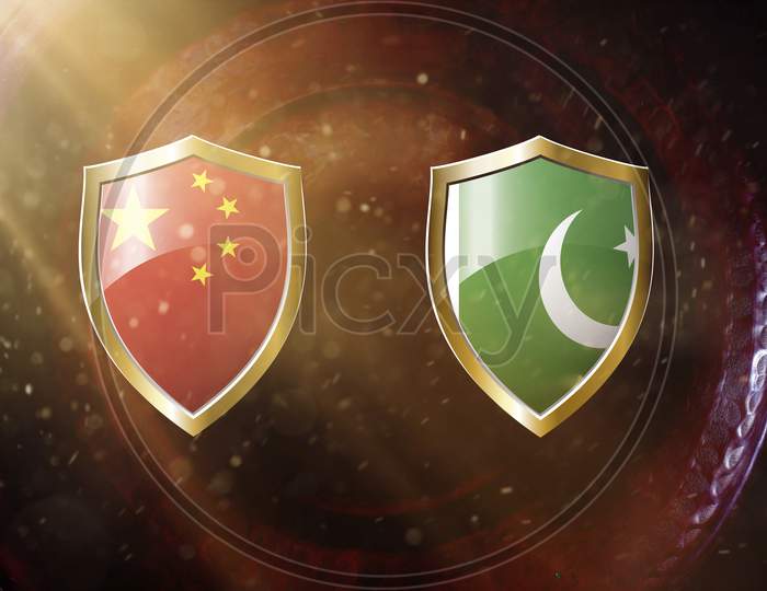 China And Pakistan Flag In Golden Shield On Copper Texture Background.