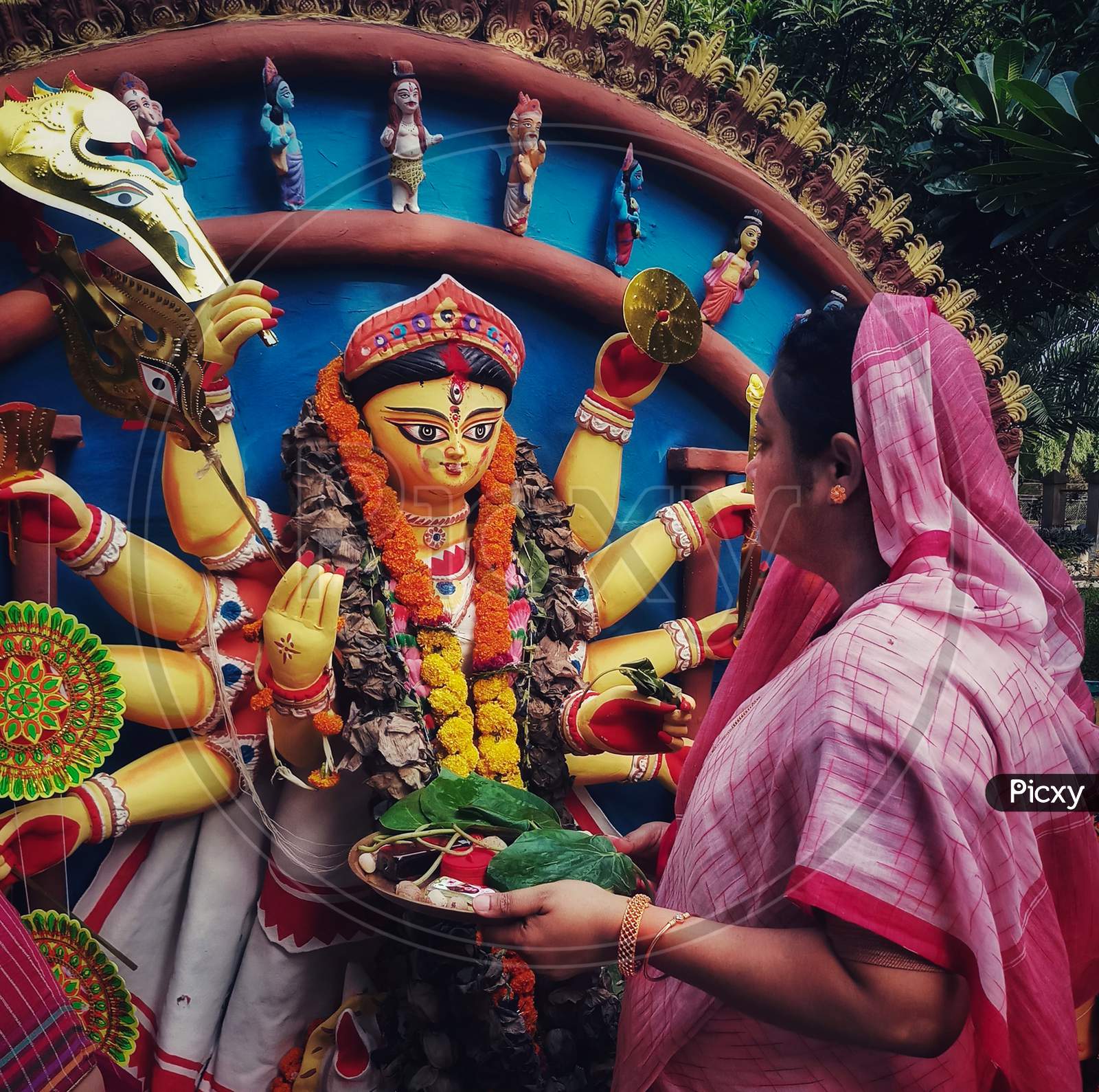 Kolkata, West Bengal, India - 15 October 2021:Subho Bijoya. The Last Day Of Durga Puja Festival, Bidding Farewell To Goddess Durga With Sindoor(Vermilion) And Pan (Betel Nut) Leaves.