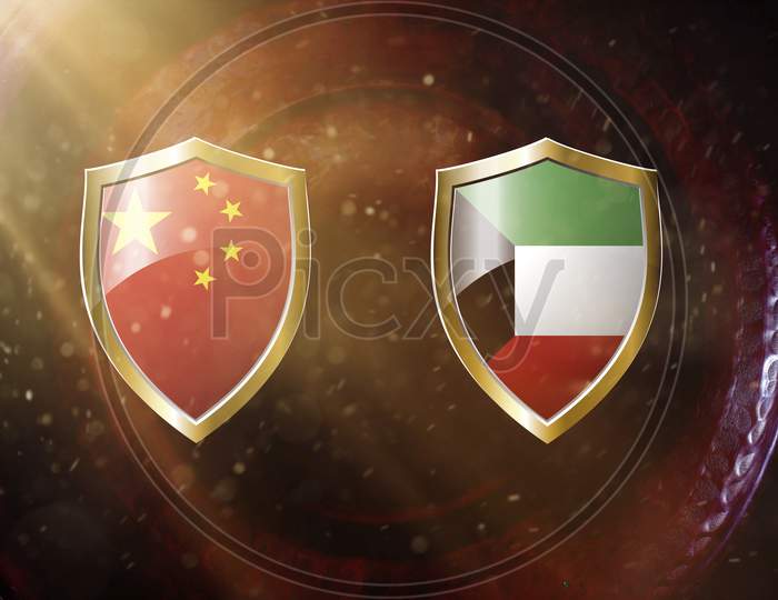 China And Kuwait Flag In Golden Shield On Copper Texture Background.
