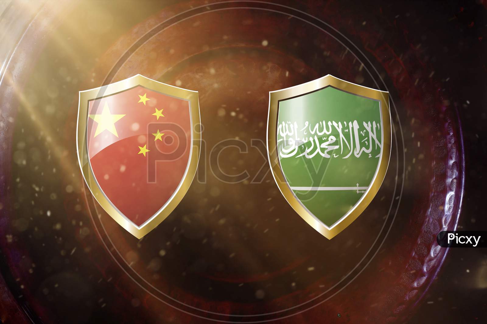China And Saudi Arabia Flag In Golden Shield On Copper Texture Background.