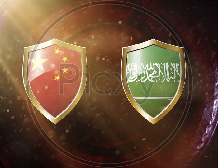 China And Saudi Arabia Flag In Golden Shield On Copper Texture Background.