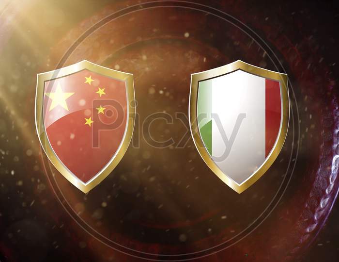 China And Italy Flag In Golden Shield On Copper Texture Background.