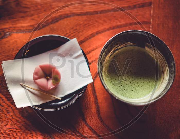 Green Tea And Sweets That Were Placed In The Japanese-Style Table
