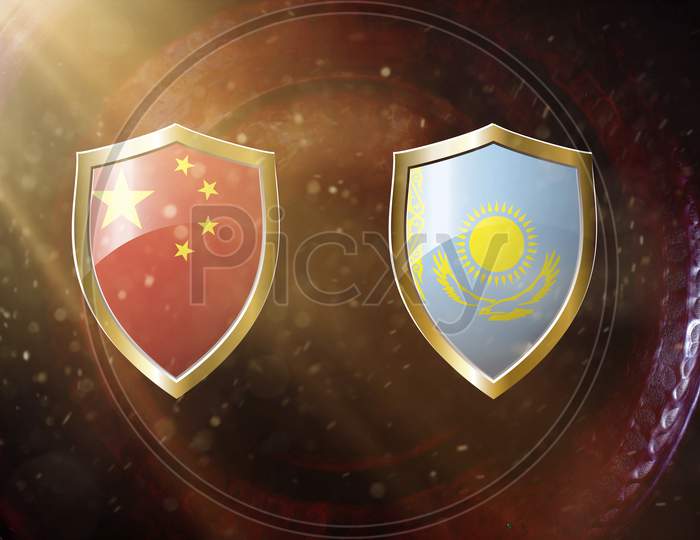China And Kazakhstan Flag In Golden Shield On Copper Texture Background.