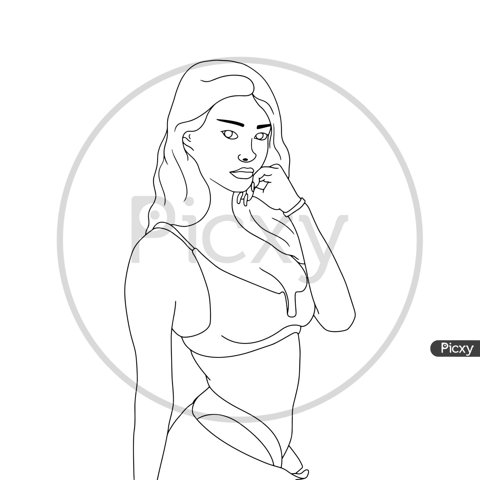 Coloring Pages - Naughty Adult Girl - Hand Drawn Illustration On White Background