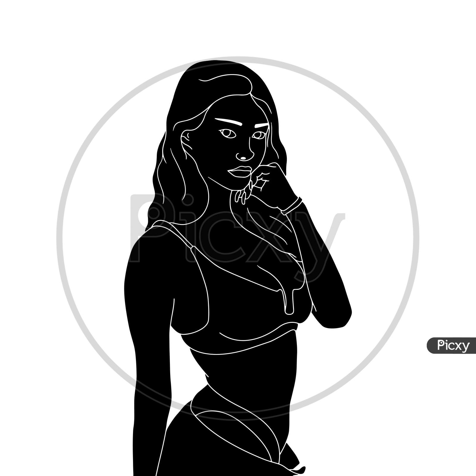 Silhouette - Naughty Adult Girl - Hand Drawn Illustration On White Background