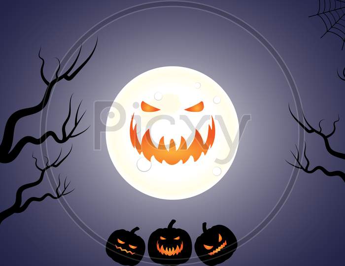 Happy Halloween, Giant Moon And Pumpkin With Trees On Dark Night Bg