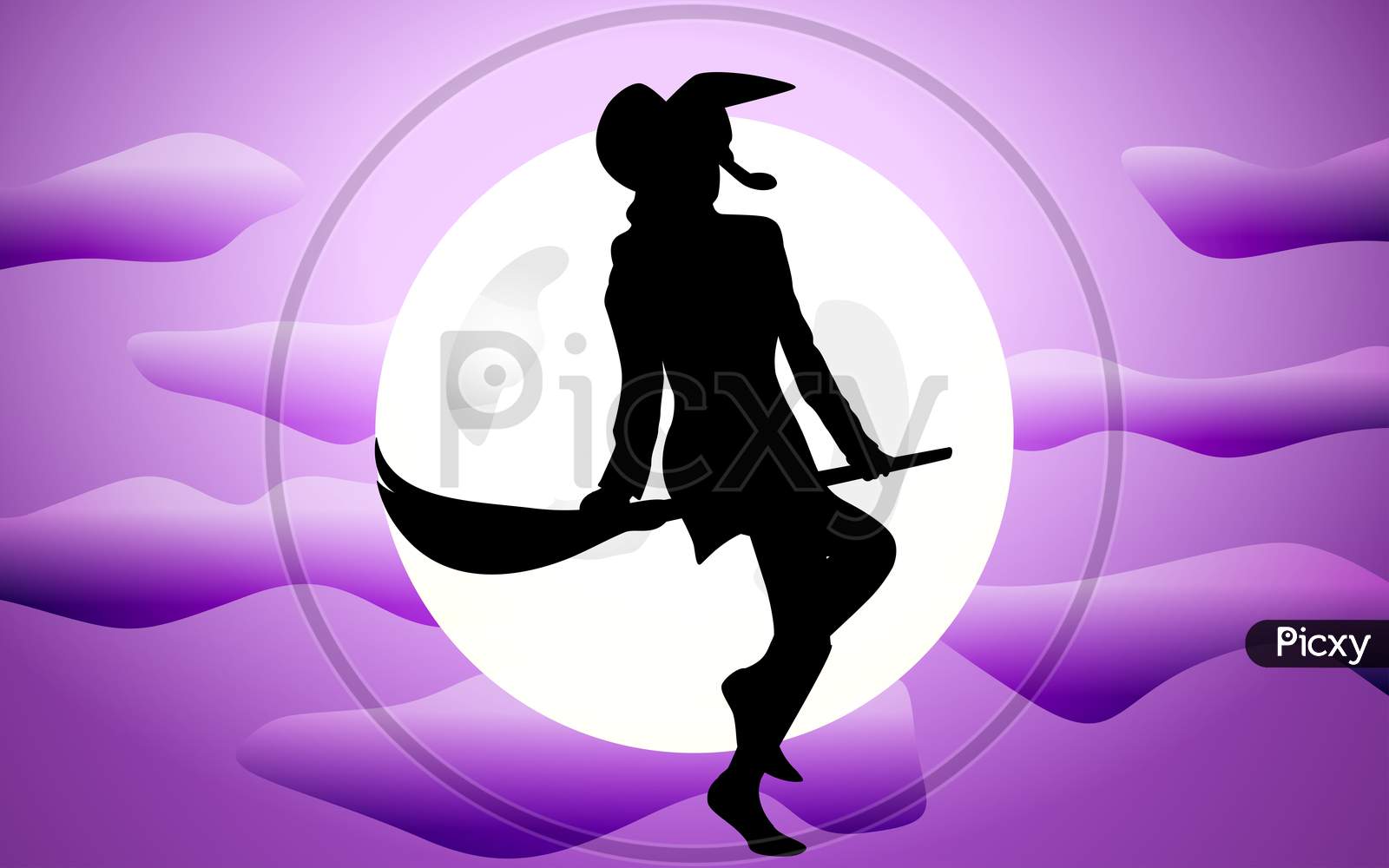 Witch In Front Of Full Moon, Hand Drawn Vector Illustration Of Witch With Broom, Hand Drawn Vector Illustration For Halloween Party Background And Invitation.